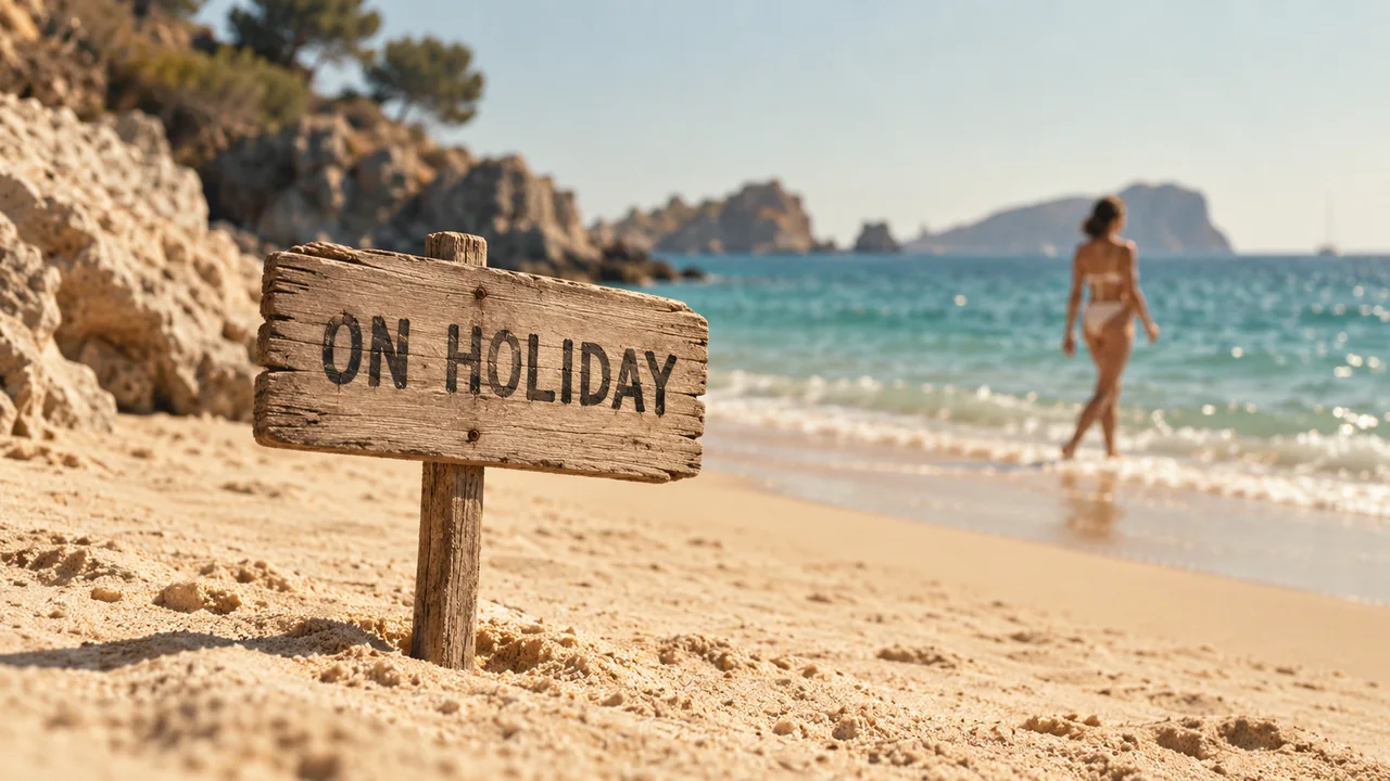 An On Holiday sign in beach sand, with a softly blurred seaside scene behind it.